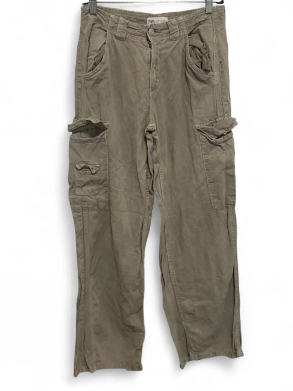 Zara Olive-Gray Linen Blend Cargo Pants with Multiple Pockets